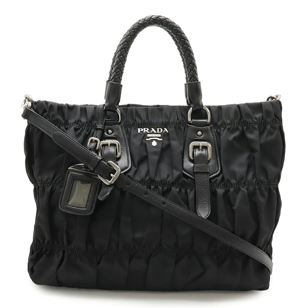Prada Gathered Handbag Braided Handle Crossbody Bag Leather NERO Black